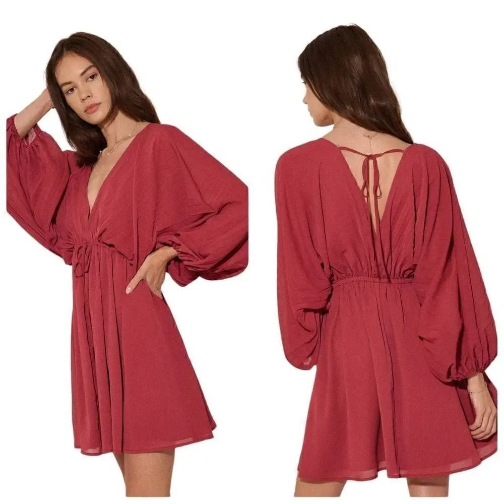 Promesa Deep Magenta Solid Deep V Neck Chiffon Bishop Sleeve Mini Dress Size Sma